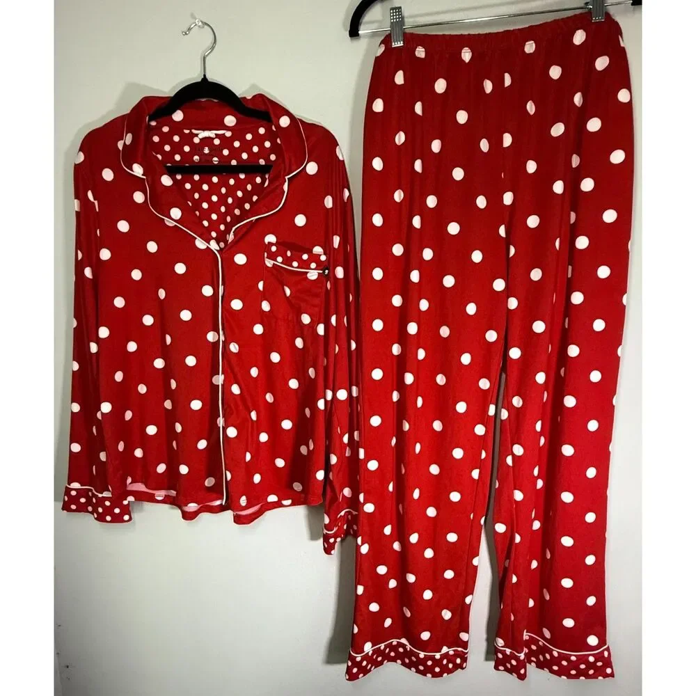 Kate Spade 1X Red Polka Dot Long Sleeve Button Front Pajama PJ Set Lounge Plus
